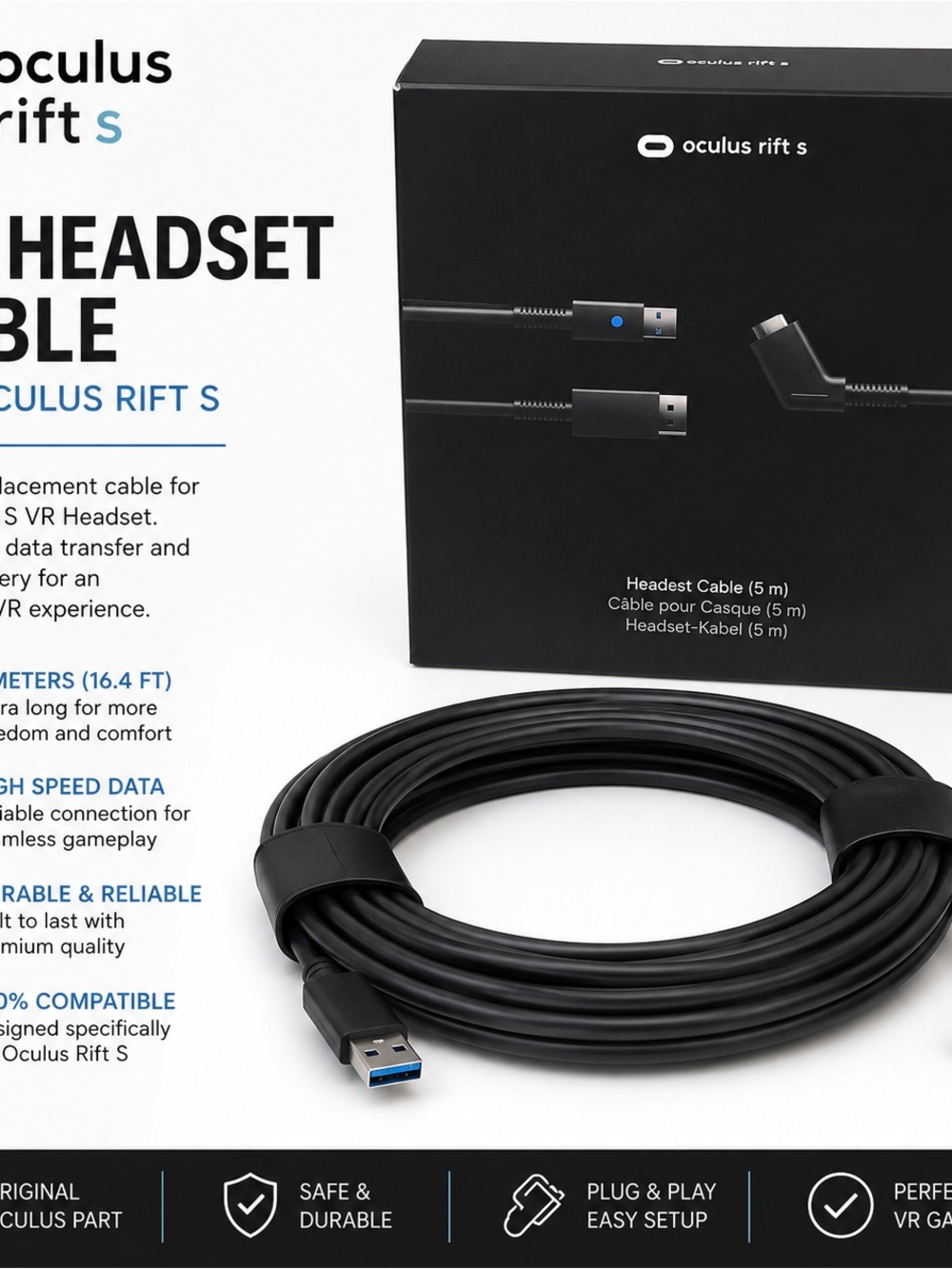 Oculus Rift S Black Headset Cable - Black